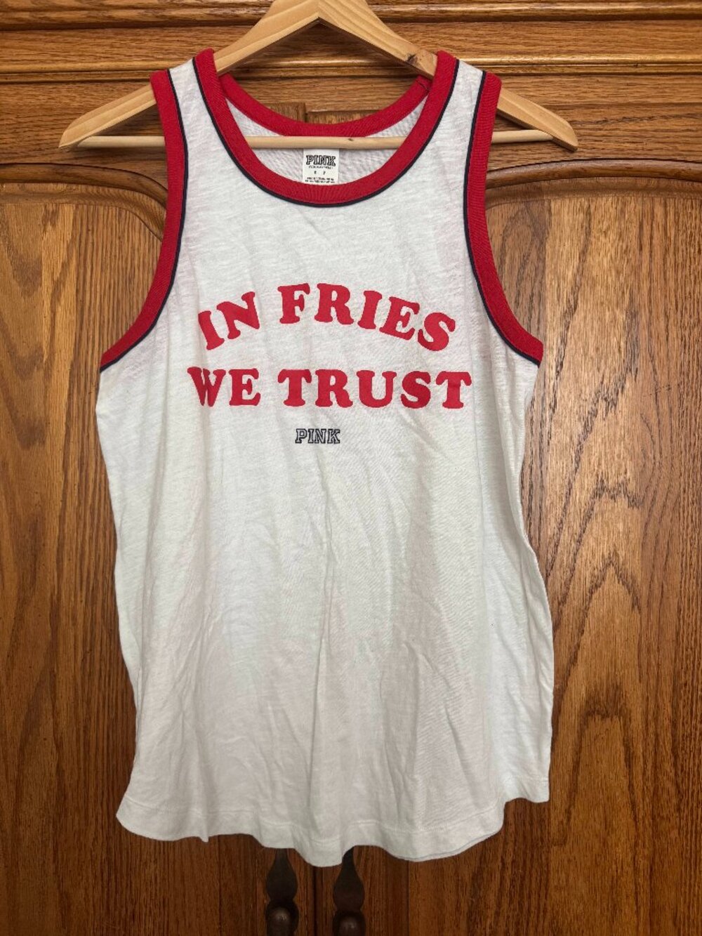 PINK Victoria's Secret White Tank Top with Red Trim "In Fries We Trust"
